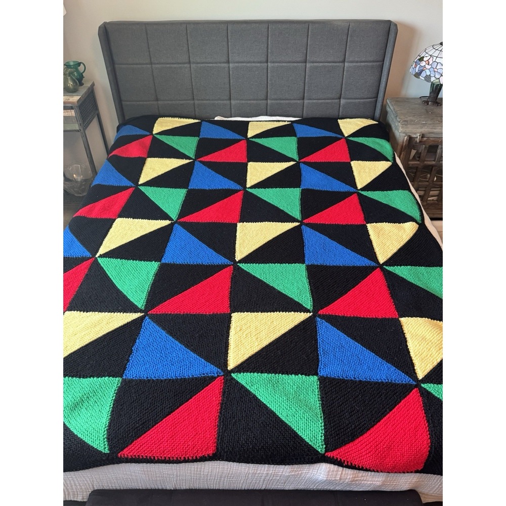 Vintage Hand Knit Afghan Blanket Geometric Primary Colors black Retro 80x60